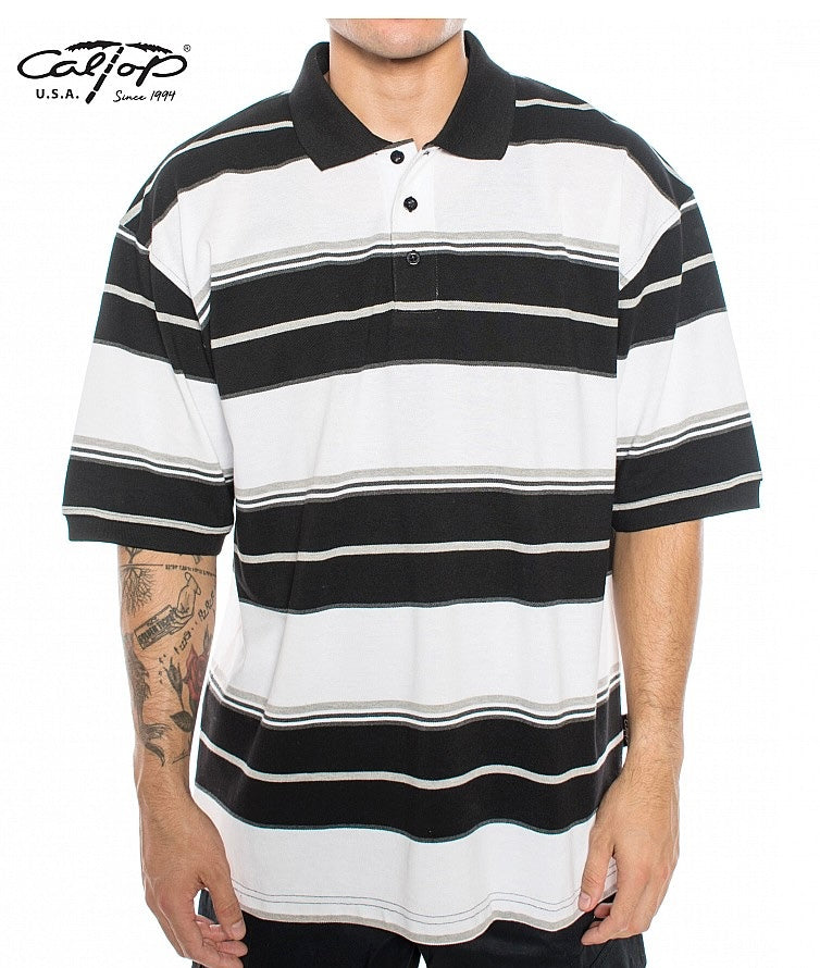 Cal Top Men’s Striped Polo Short Sleeve Shirt – White/Black
