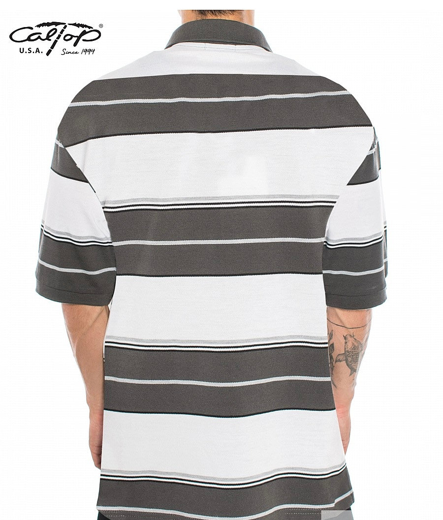 Cal Top Men’s Striped Polo Short Sleeve Shirt – White/Charcoal