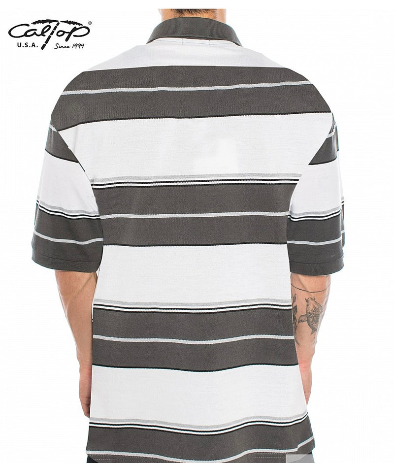 Cal Top Men’s Striped Polo Short Sleeve Shirt – White/Charcoal