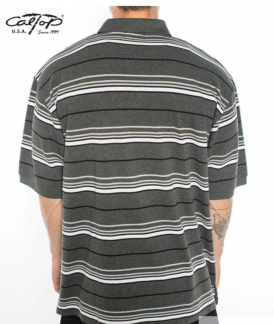 Cal Top Men’s Striped Polo Short Sleeve Shirt – Charcoal/White