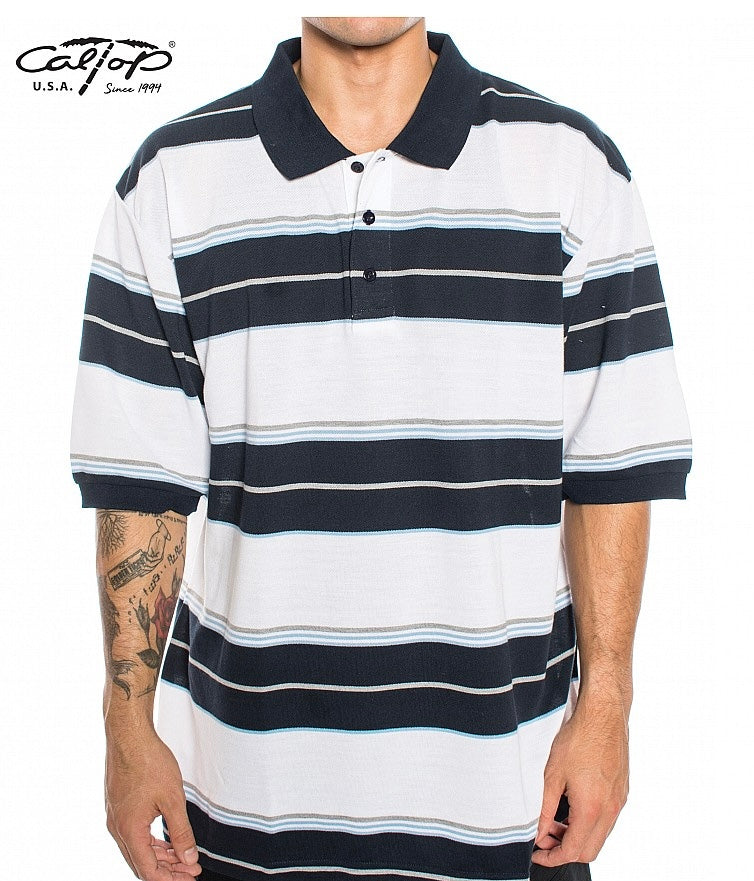 Cal Top Men’s Striped Polo Short Sleeve Shirt – White/Navy Blue
