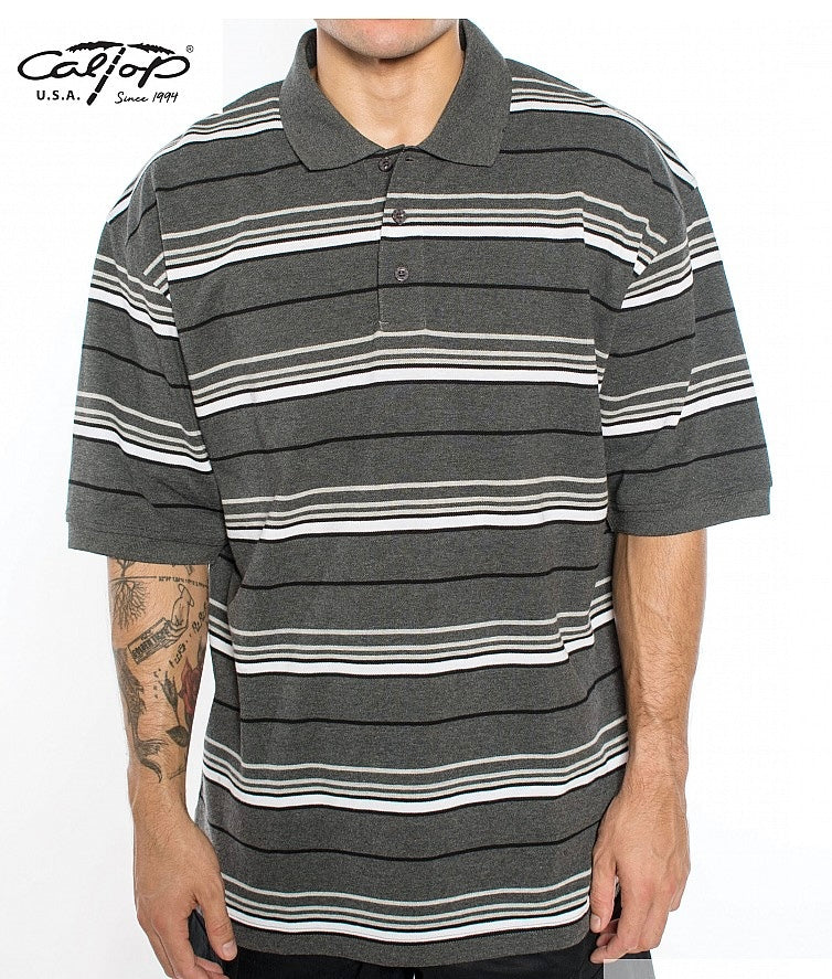 Cal Top Men’s Striped Polo Short Sleeve Shirt – Charcoal/White