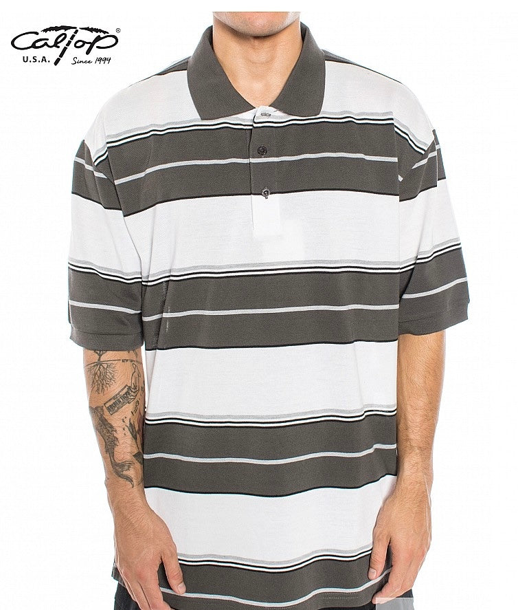 Cal Top Men’s Striped Polo Short Sleeve Shirt – White/Charcoal
