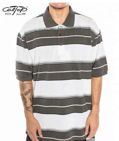 Cal Top Men’s Striped Polo Short Sleeve Shirt – White/Charcoal