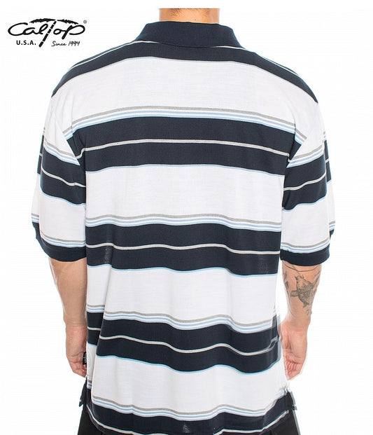 Cal Top Men’s Striped Polo Short Sleeve Shirt – White/Navy Blue
