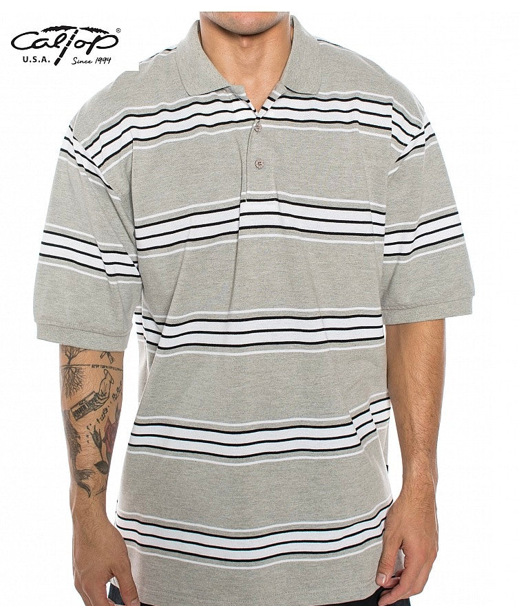 Cal Top Men’s Striped Polo Short Sleeve Shirt – Heather Gray/White