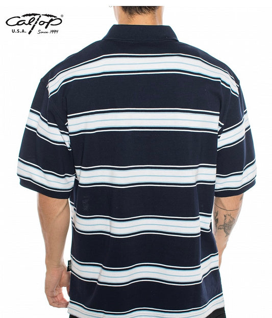 Cal Top Men’s Striped Polo Short Sleeve Shirt – Navy Blue/White