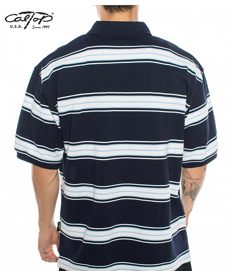 Cal Top Men’s Striped Polo Short Sleeve Shirt – Navy Blue/White