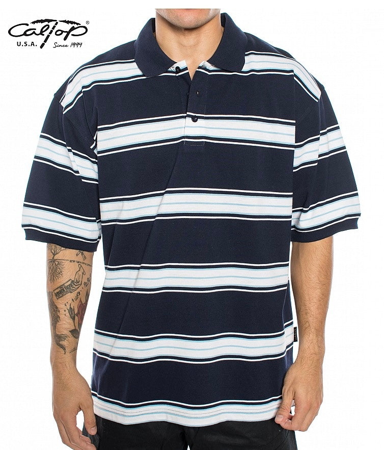 Cal Top Men’s Striped Polo Short Sleeve Shirt – Navy Blue/White