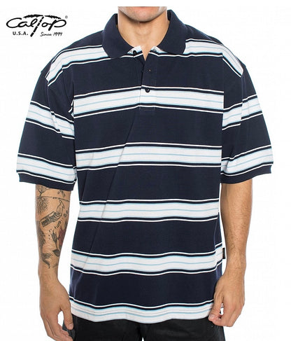 Cal Top Men’s Striped Polo Short Sleeve Shirt – Navy Blue/White