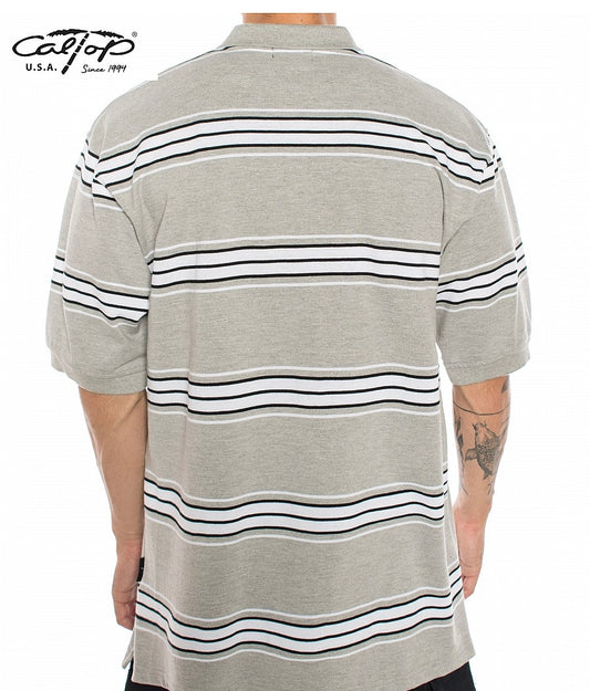 Cal Top Men’s Striped Polo Short Sleeve Shirt – Heather Gray/White